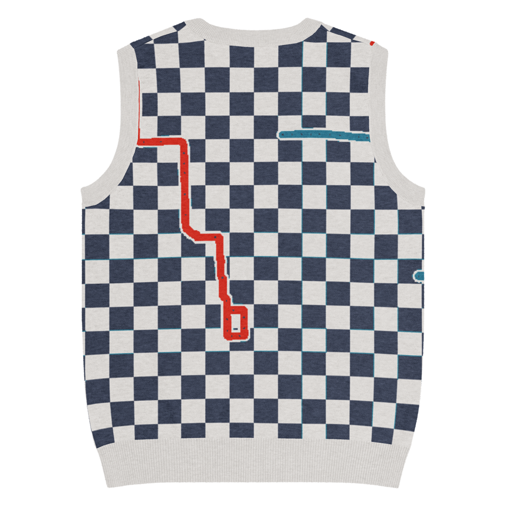 Chicago Transit Transfer Plaid knitted V-neck vest in navy, bone, red, and cyan, alternate view