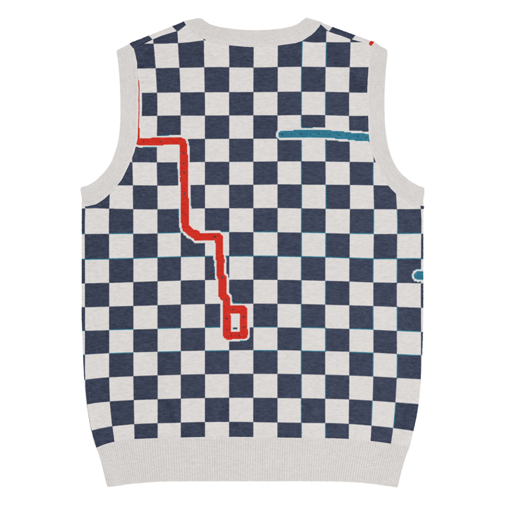 Chicago Transit Transfer Plaid knitted V-neck vest in navy, bone, red, and cyan, alternate view