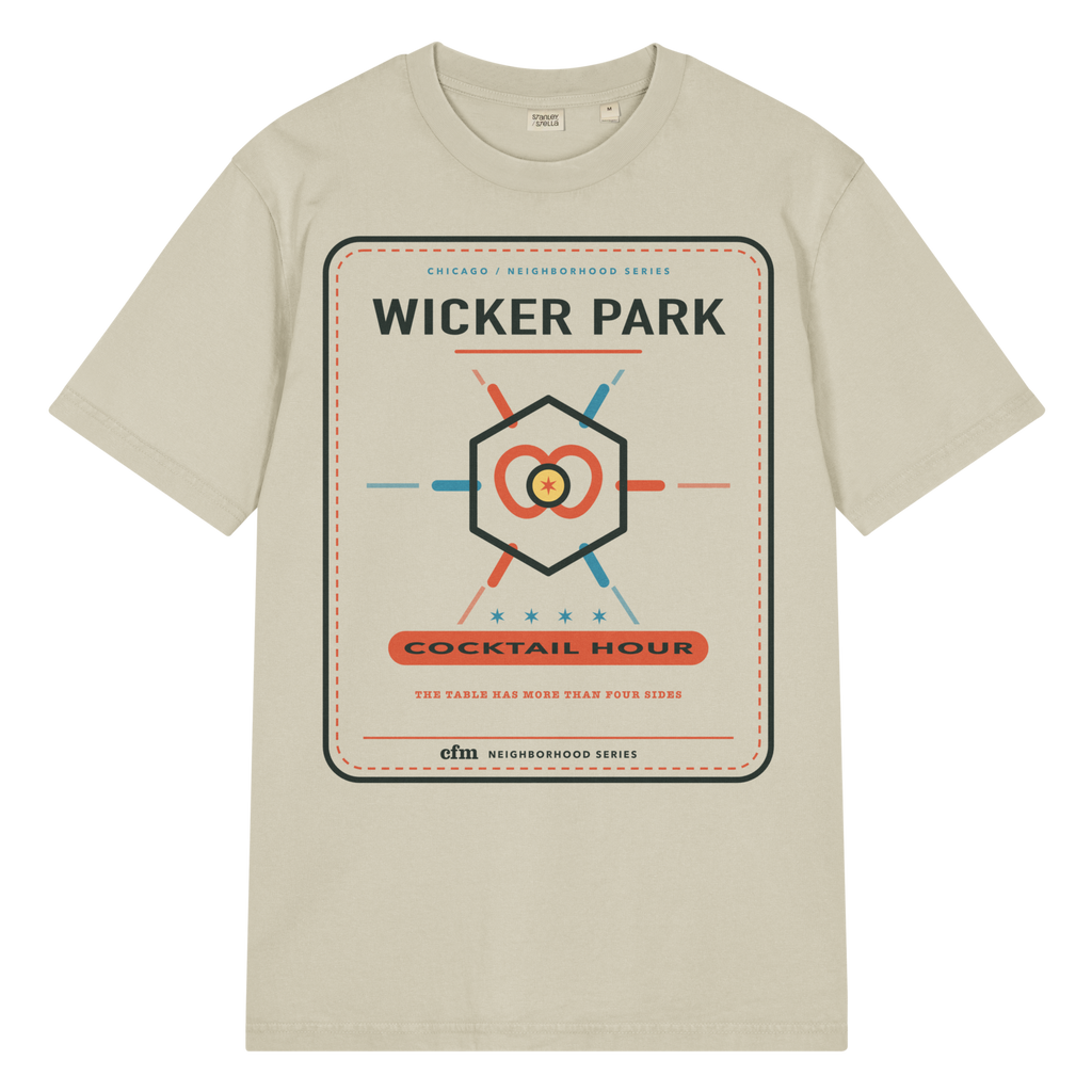Wicker Park garment-dyed t-shirt in G. Dyed Stone, front view - Chicago Neighborhood Series