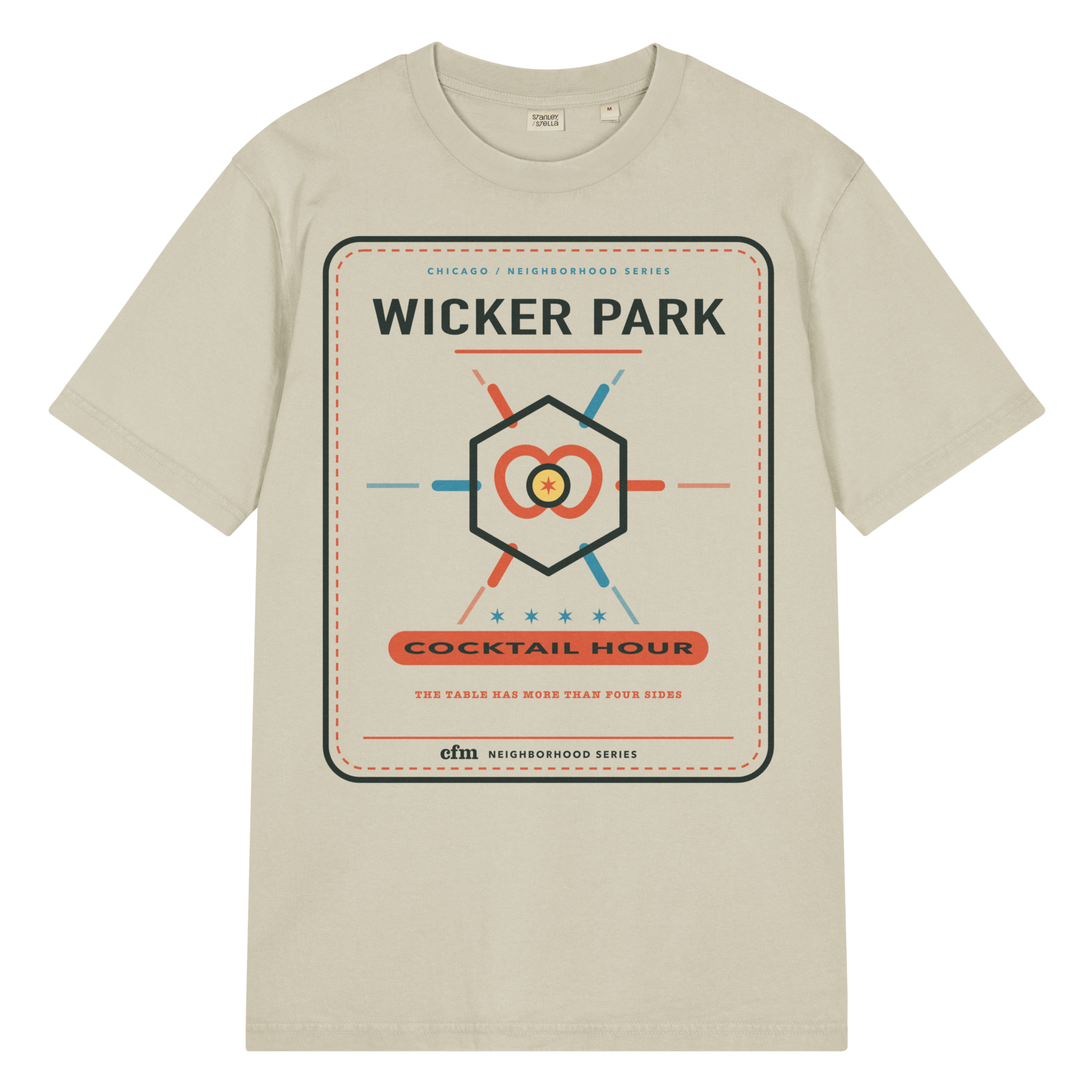 Wicker Park garment-dyed t-shirt in G. Dyed Stone, front view - Chicago Neighborhood Series