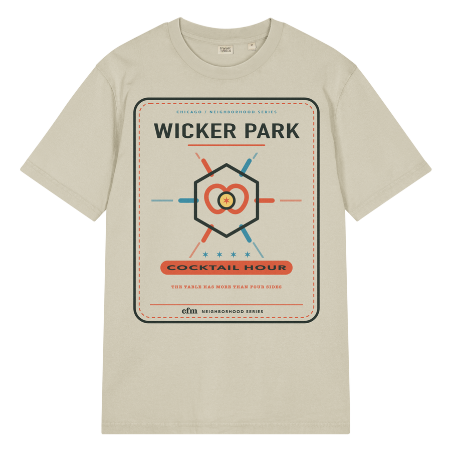 Wicker Park garment-dyed t-shirt in G. Dyed Stone, front view - Chicago Neighborhood Series