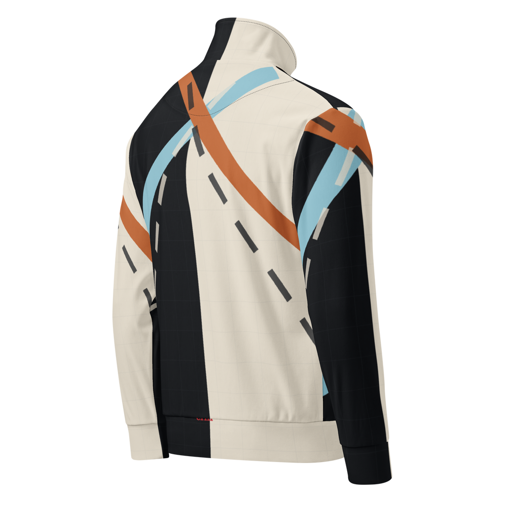 Chicago ORD and MDW City Transfer track jacket with split black and bone airport geometry, front Ghost Right Back
