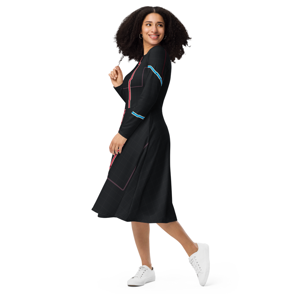 Chicago Transit Red Axis long-sleeve midi dress with Red, Blue, and Pink routes, alternate view