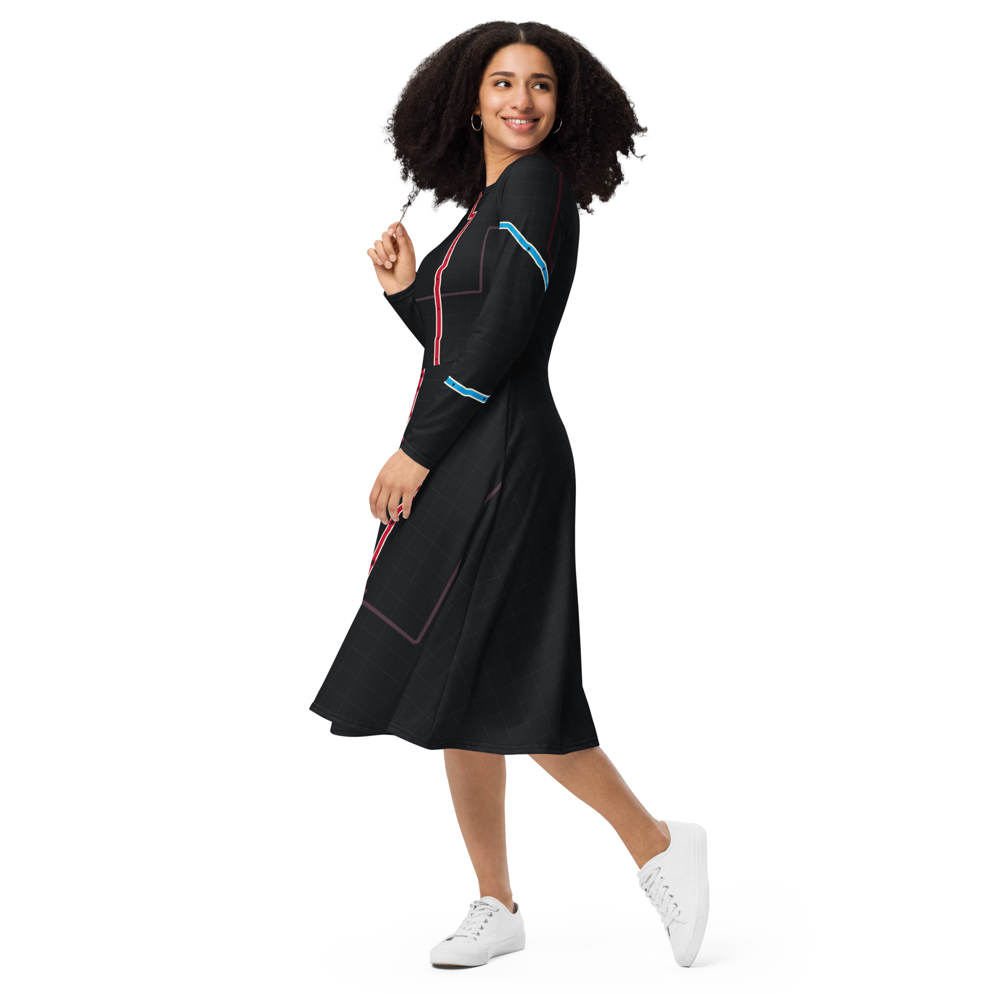 Chicago Transit Red Axis long-sleeve midi dress with Red, Blue, and Pink routes, alternate view