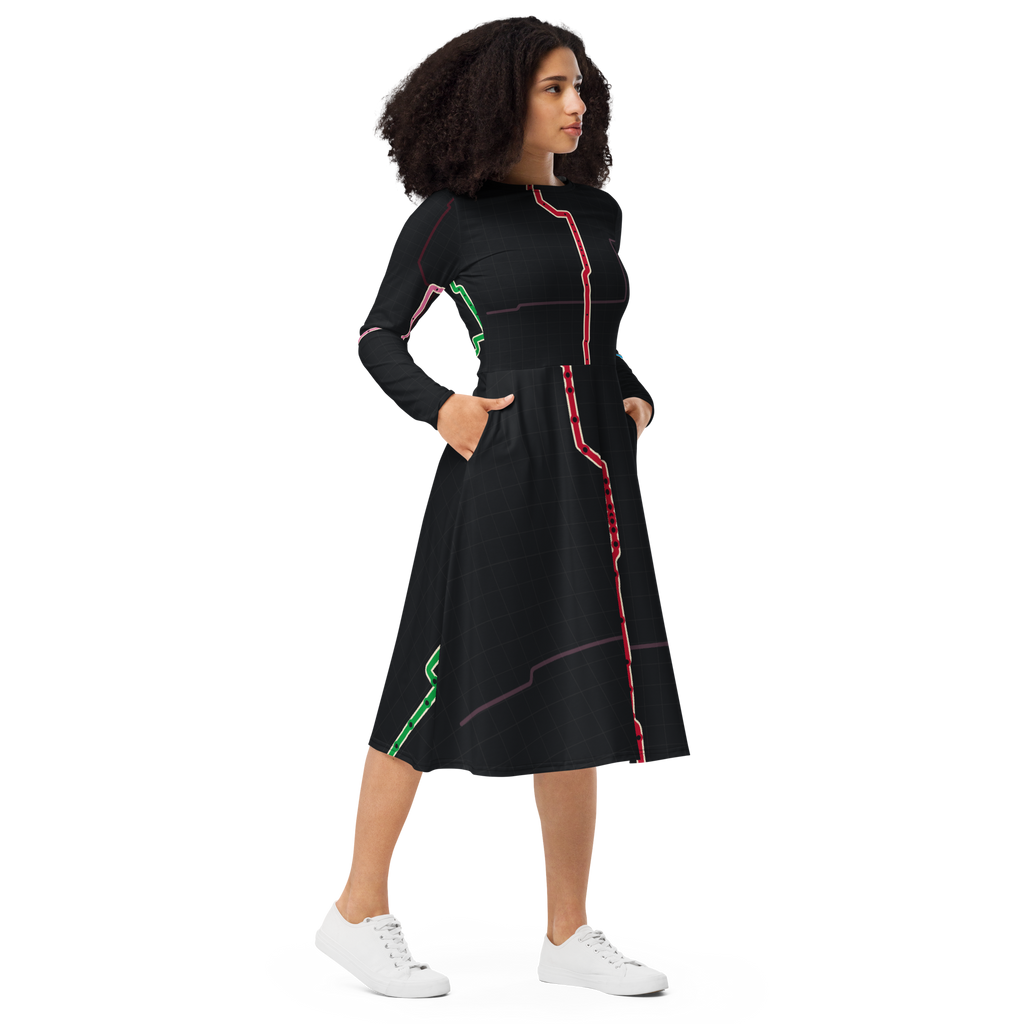 Chicago Transit Red Axis long-sleeve midi dress with Red, Blue, and Pink routes, alternate view