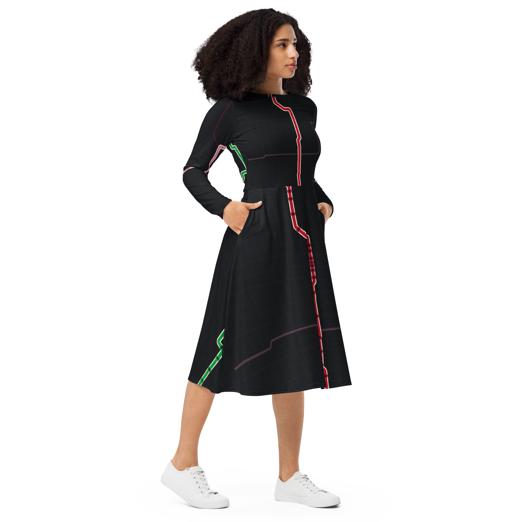 Chicago Transit Red Axis long-sleeve midi dress with Red, Blue, and Pink routes, alternate view