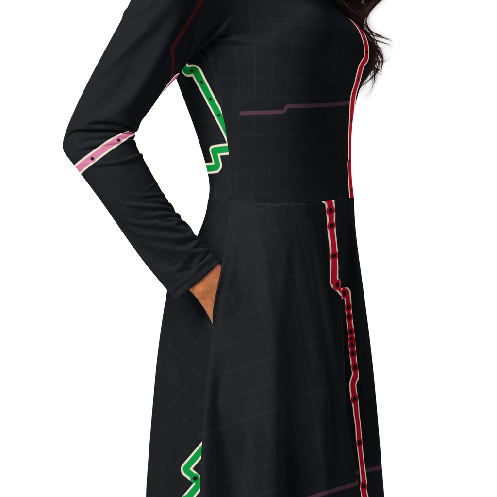 Chicago Transit Red Axis long-sleeve midi dress with Red, Blue, and Pink routes, alternate view