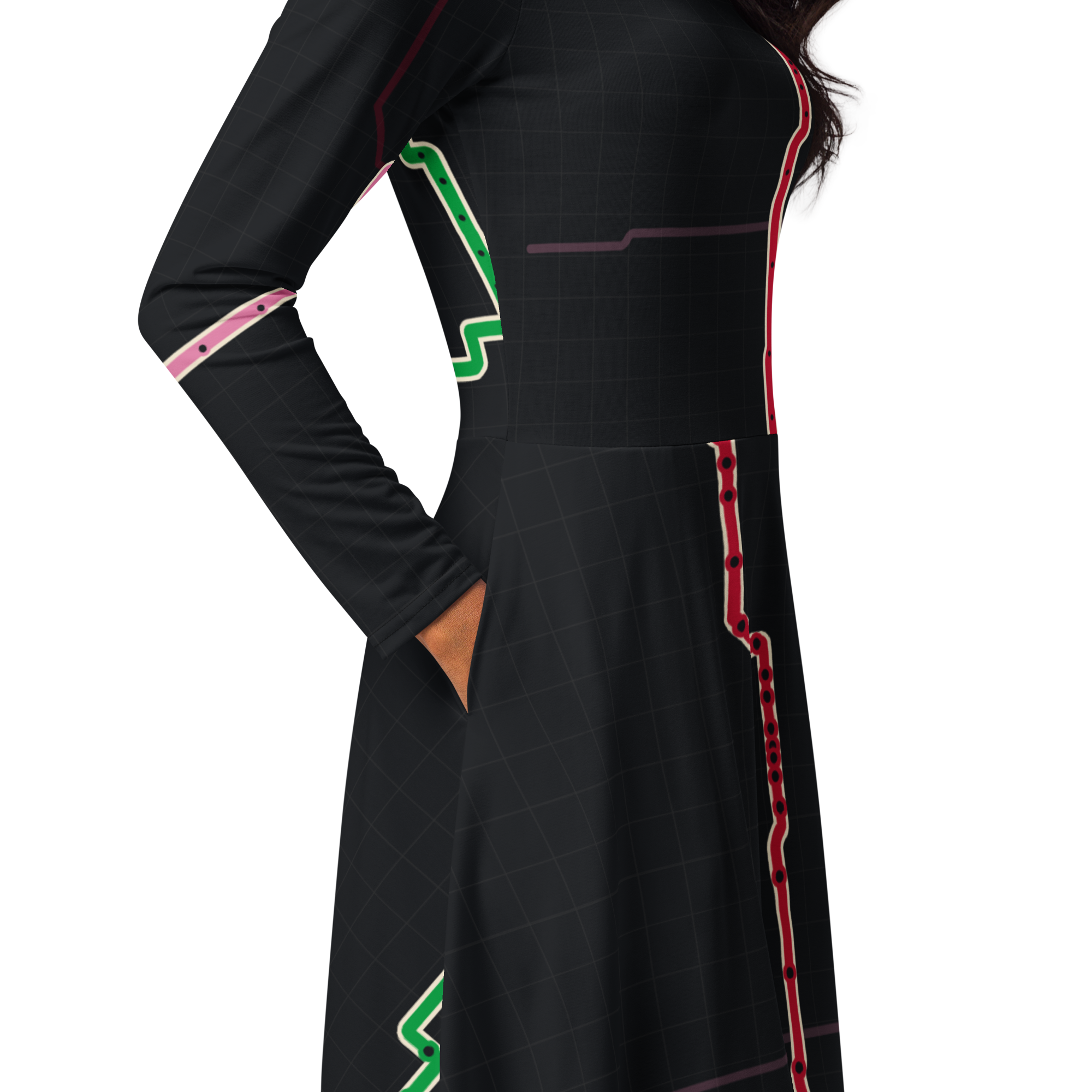 Chicago Transit Red Axis long-sleeve midi dress with Red, Blue, and Pink routes, alternate view