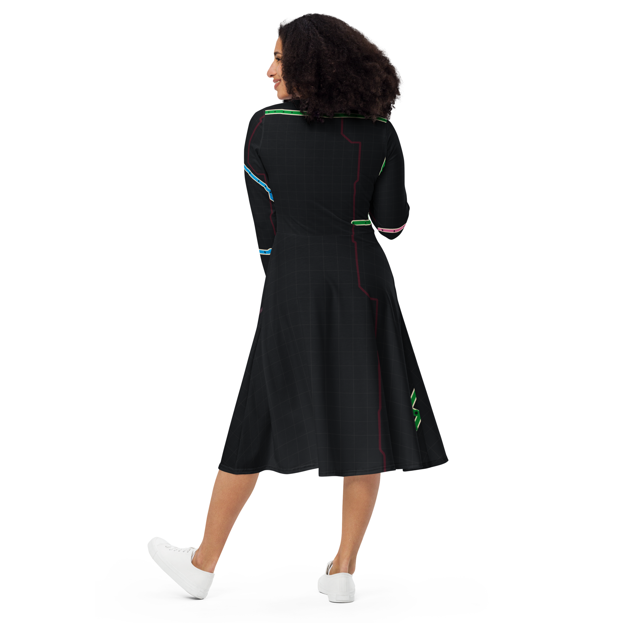 Chicago Transit Red Axis long-sleeve midi dress with Red, Blue, and Pink routes, alternate view