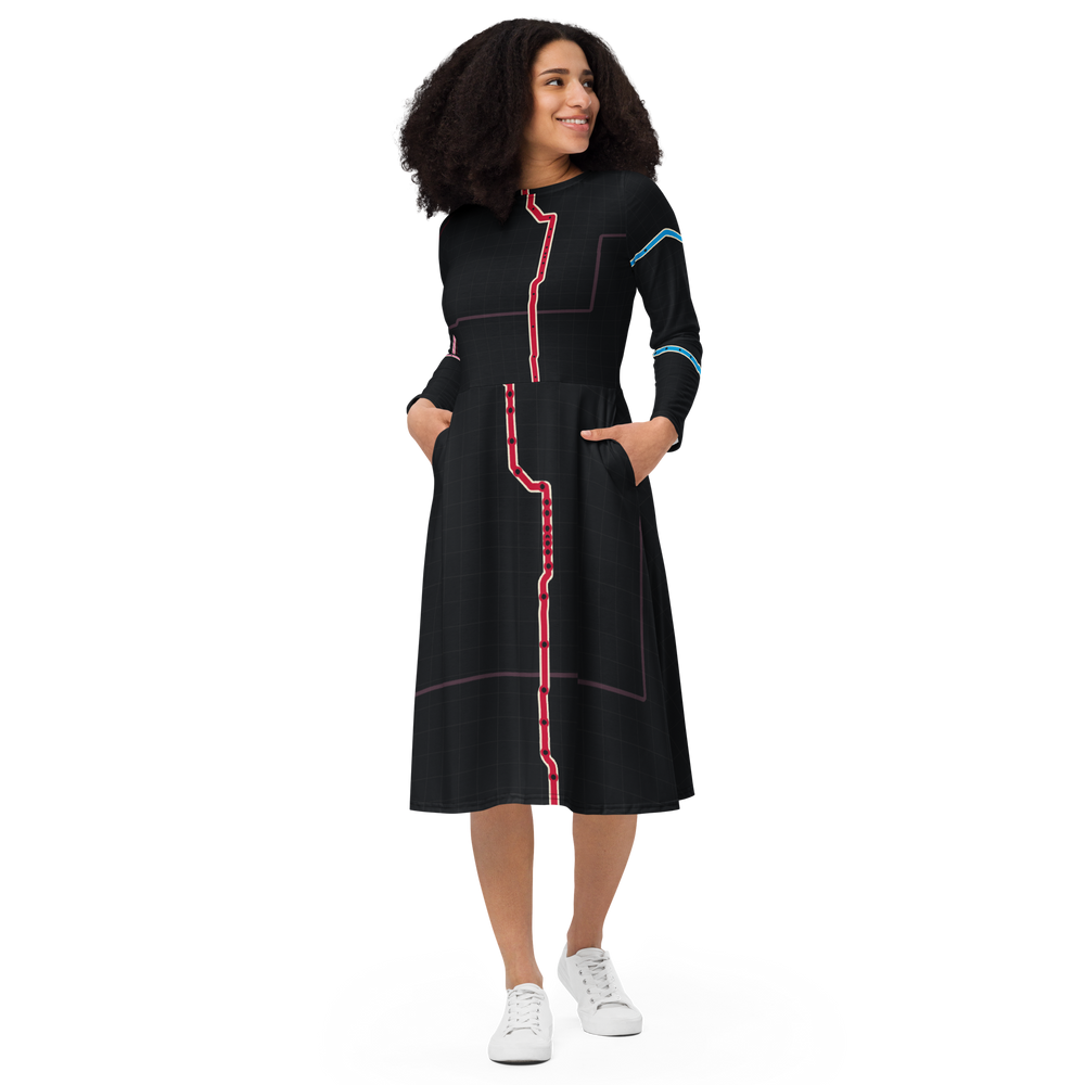 Chicago Transit Red Axis long-sleeve midi dress with Red, Blue, and Pink routes, primary view