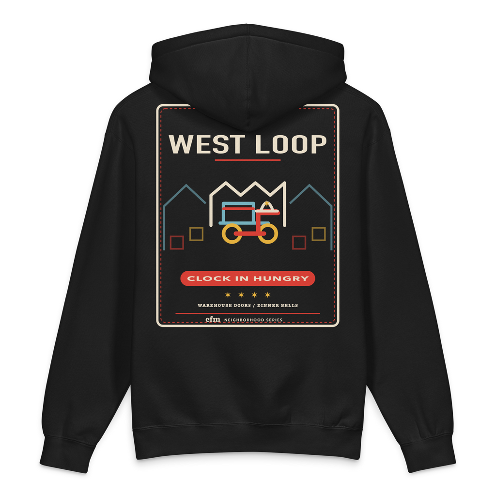 West Loop heavyweight hoodie in Black, back view - Chicago Neighborhood Series
