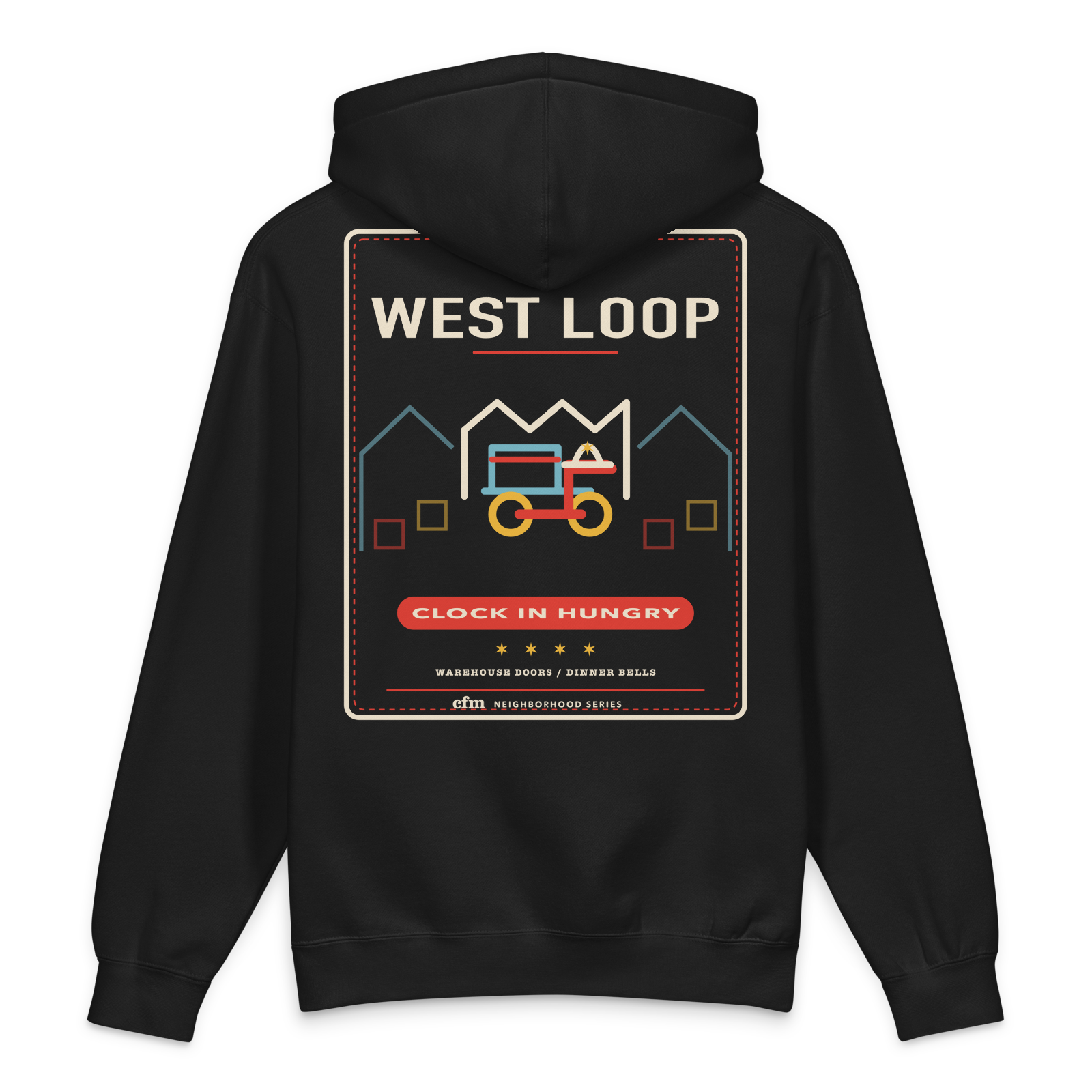 West Loop heavyweight hoodie in Black, back view - Chicago Neighborhood Series