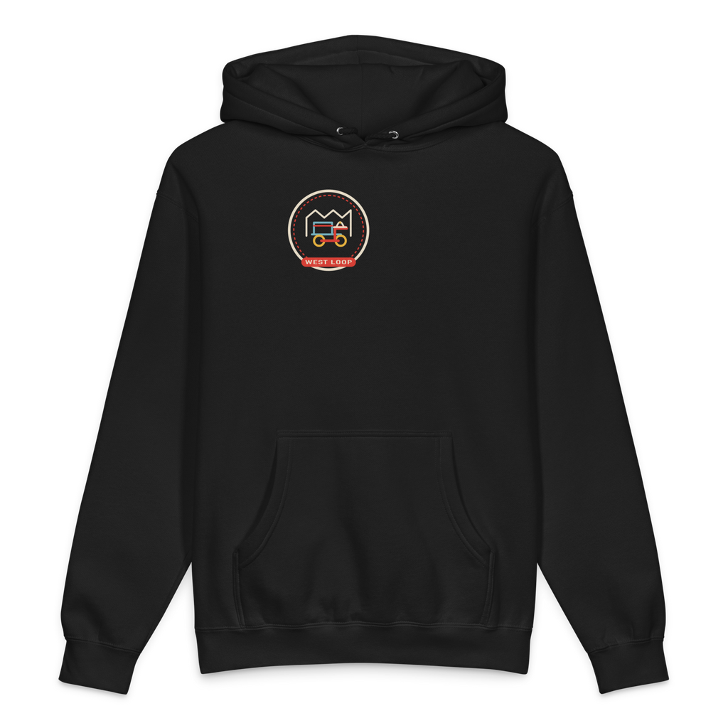 West Loop heavyweight hoodie in Black, front view - Chicago Neighborhood Series