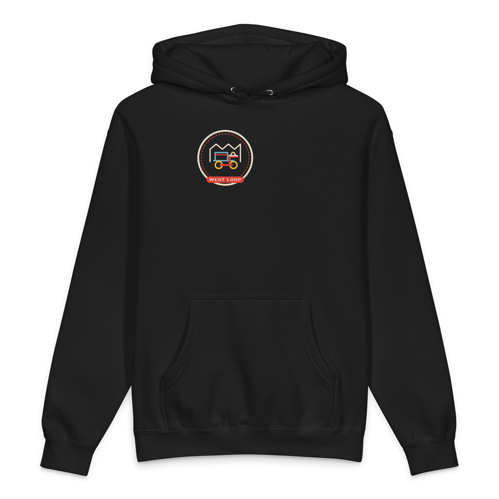 West Loop heavyweight hoodie in Black, front view - Chicago Neighborhood Series