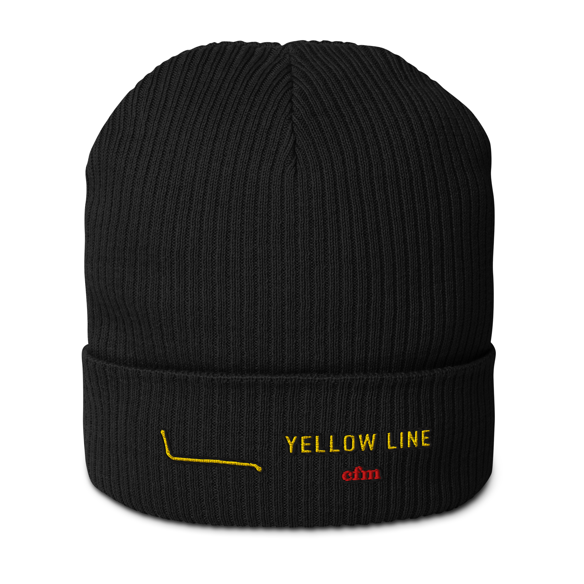 Chicago Yellow Line organic ribbed beanie with black-outlined route embroidery and CFM logo