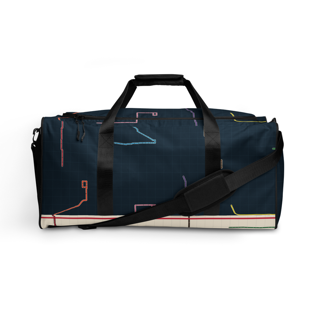 Chicago Transit Transfer Matrix duffle bag with all-route artwork and Red Line pocket, primary view