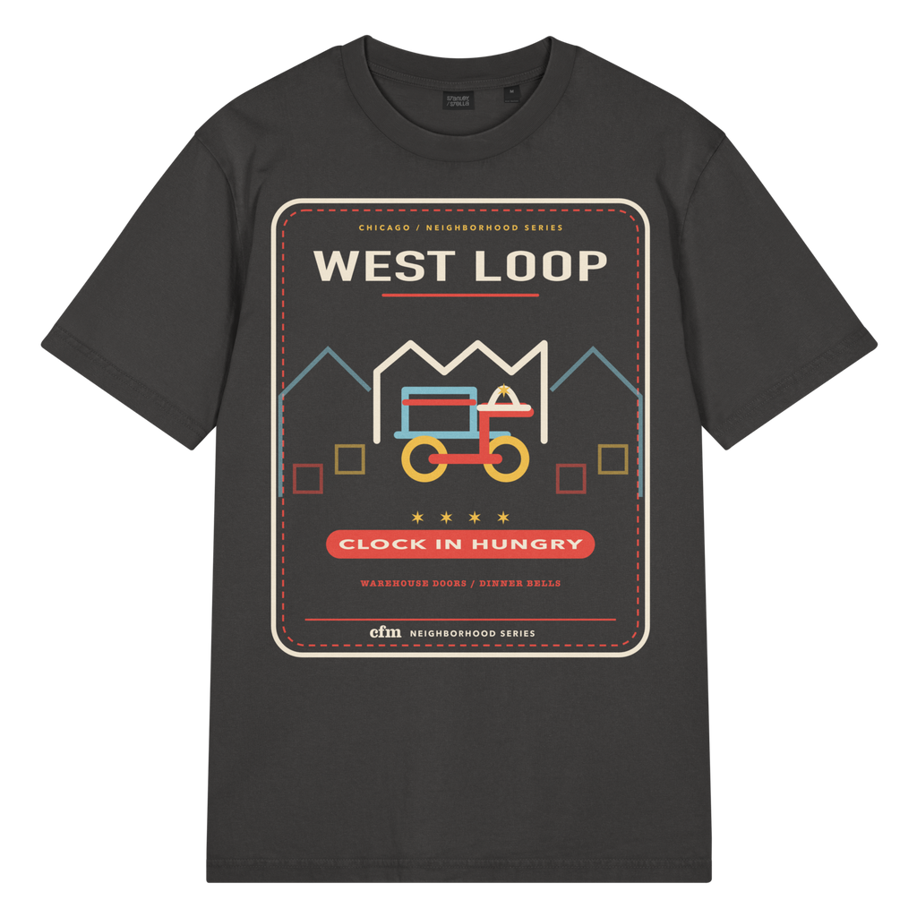 West Loop garment-dyed t-shirt in G. Dyed Black Rock, front view - Chicago Neighborhood Series