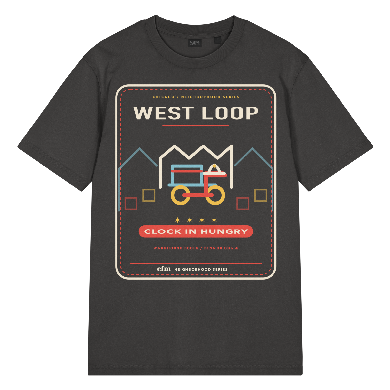 West Loop garment-dyed t-shirt in G. Dyed Black Rock, front view - Chicago Neighborhood Series