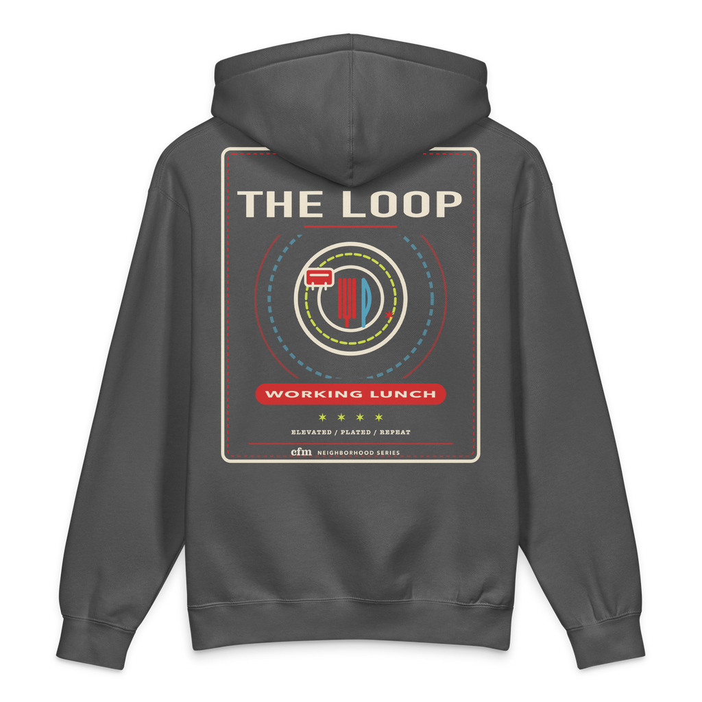 The Loop heavyweight hoodie in Charcoal Solid, back view - Chicago Neighborhood Series