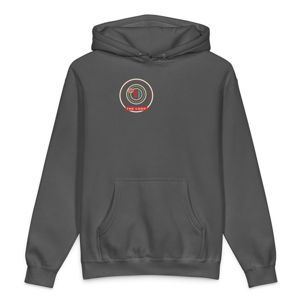 The Loop heavyweight hoodie in Charcoal Solid, front view - Chicago Neighborhood Series