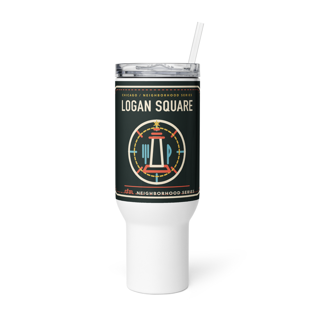 Logan Square 40 oz travel mug in White, product view - Chicago Neighborhood Series