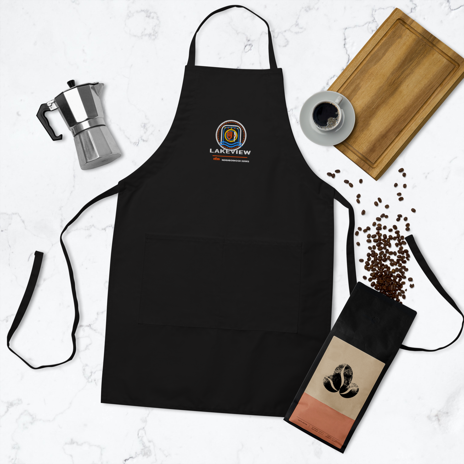 Lakeview embroidered chef apron in Black, front view - Chicago Neighborhood Series