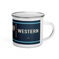 Chicago 49 Western enamel mug in navy, cream, lake blue, and red, primary view