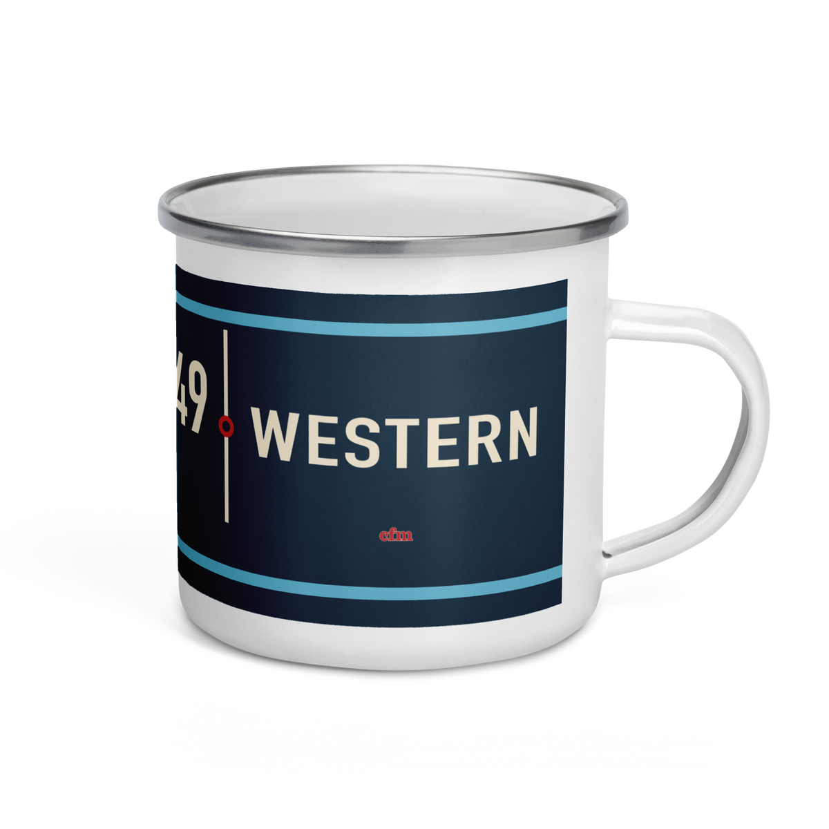 Chicago 49 Western enamel mug in navy, cream, lake blue, and red, primary view