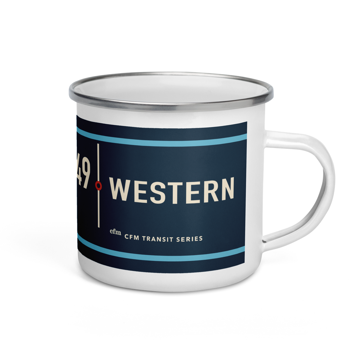 Chicago 49 Western enamel mug in navy, cream, lake blue, and red, primary view