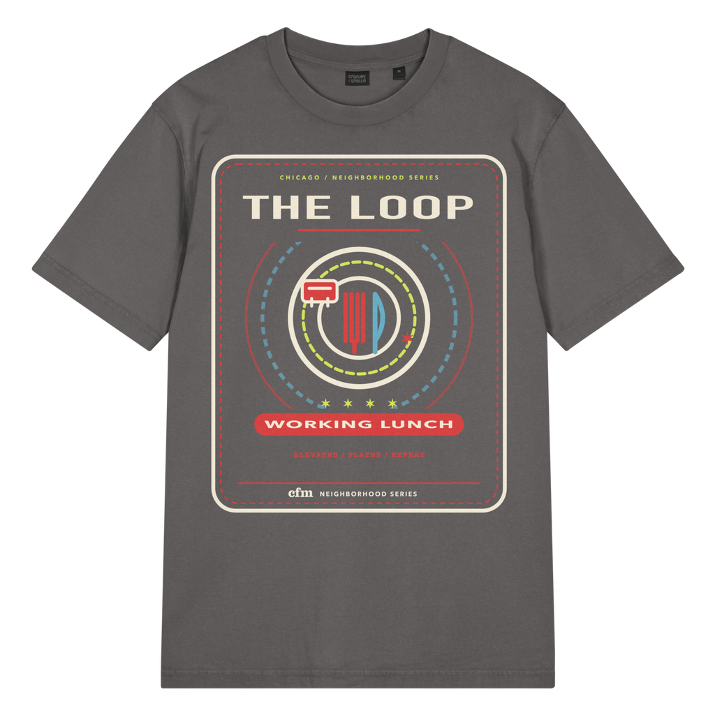The Loop garment-dyed t-shirt in G. Dyed Anthracite, front view - Chicago Neighborhood Series