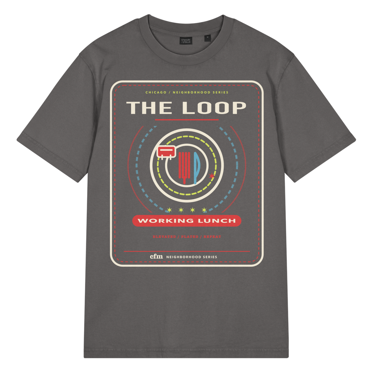 The Loop garment-dyed t-shirt in G. Dyed Anthracite, front view - Chicago Neighborhood Series