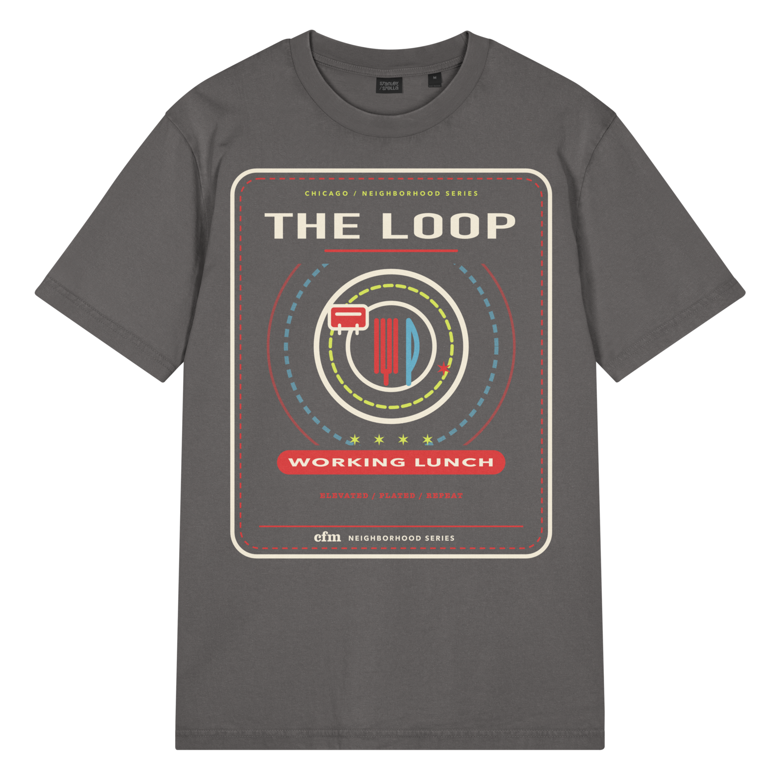 The Loop garment-dyed t-shirt in G. Dyed Anthracite, front view - Chicago Neighborhood Series