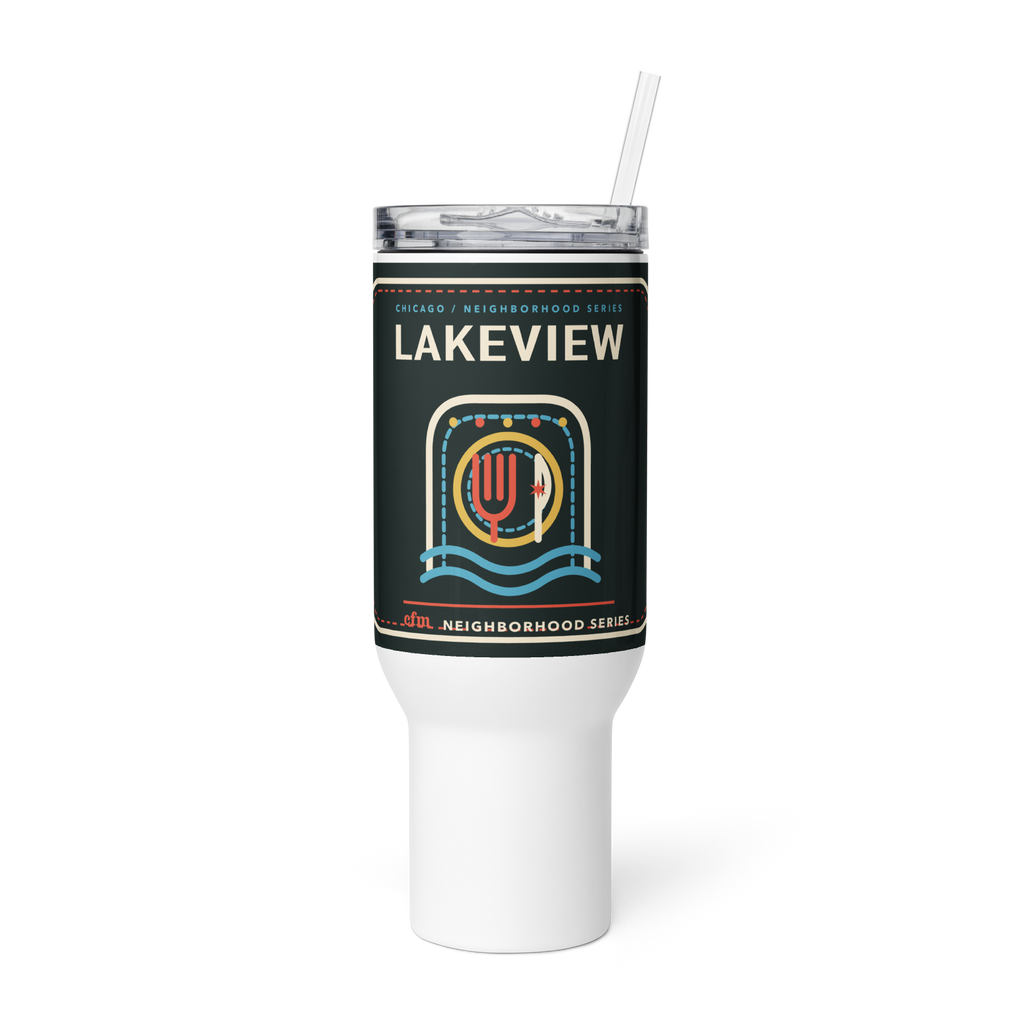 Lakeview 40 oz travel mug in White, product view - Chicago Neighborhood Series
