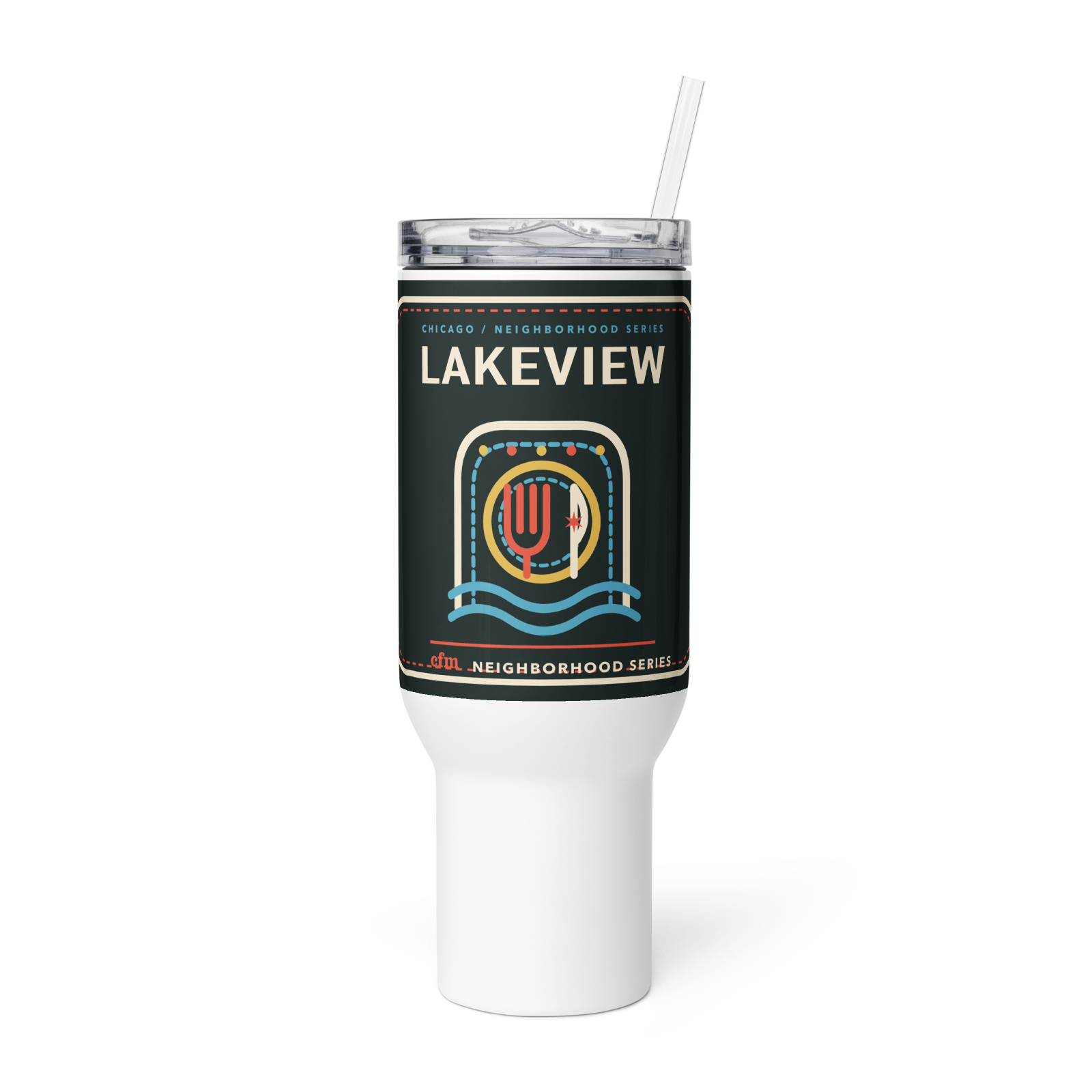 Lakeview 40 oz travel mug in White, product view - Chicago Neighborhood Series