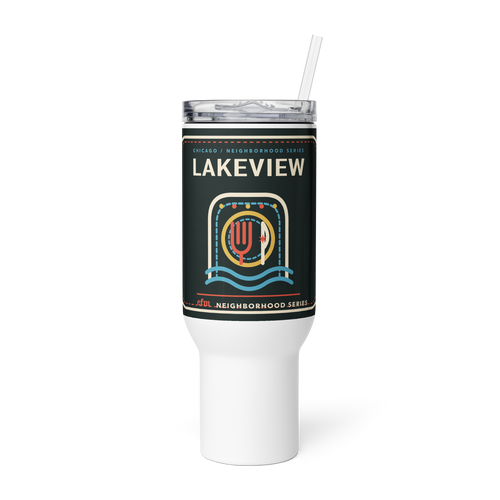 Lakeview 40 oz travel mug in White, product view - Chicago Neighborhood Series