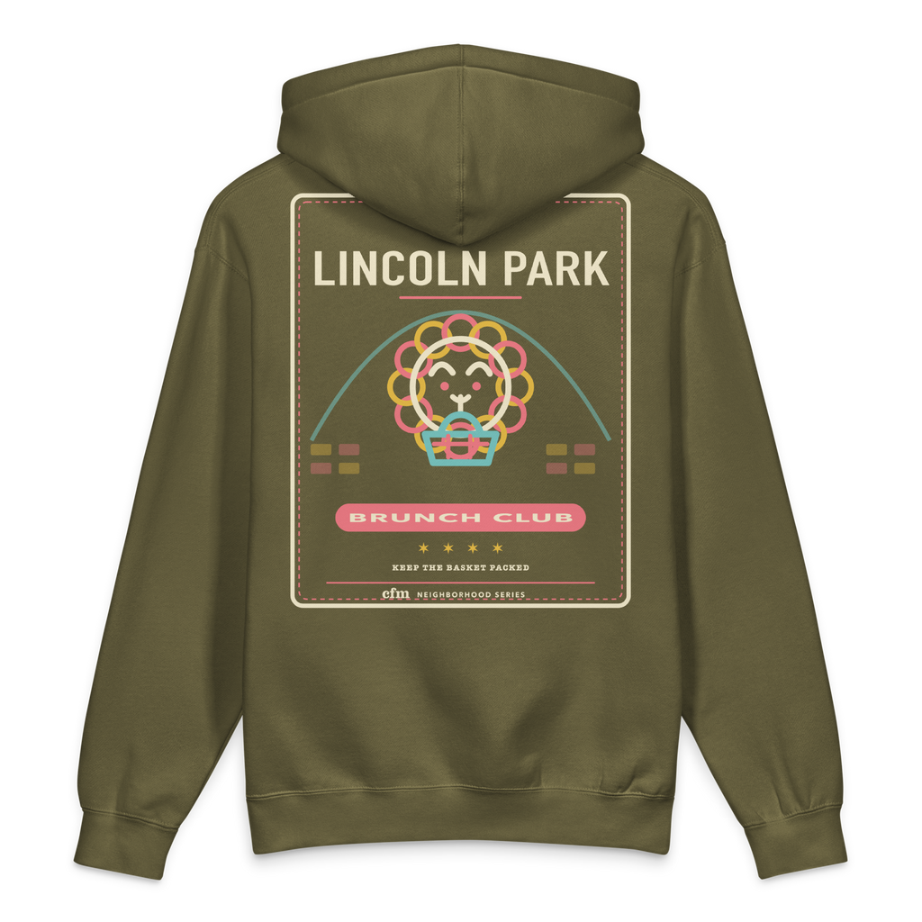 Lincoln Park heavyweight hoodie in Army, back view - Chicago Neighborhood Series
