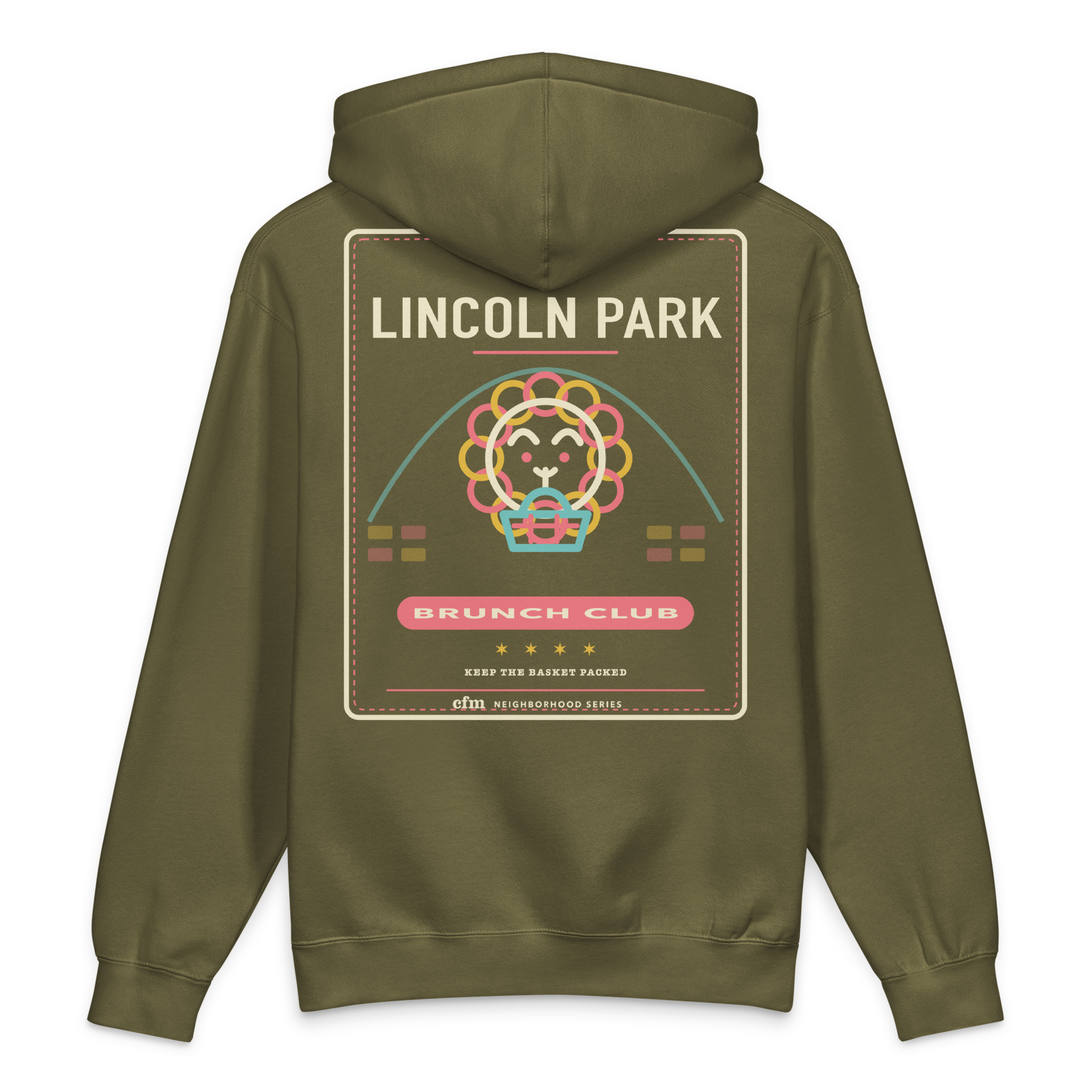 Lincoln Park heavyweight hoodie in Army, back view - Chicago Neighborhood Series
