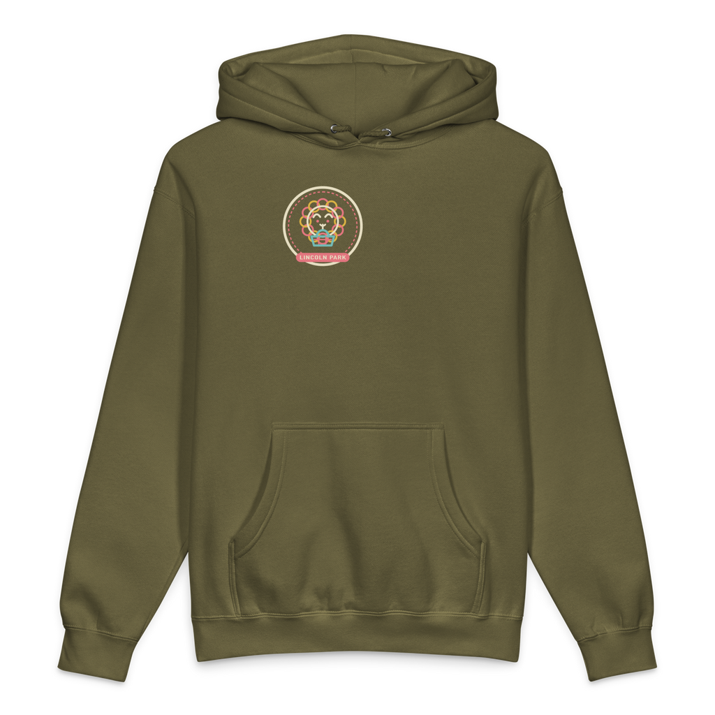 Lincoln Park heavyweight hoodie in Army, front view - Chicago Neighborhood Series