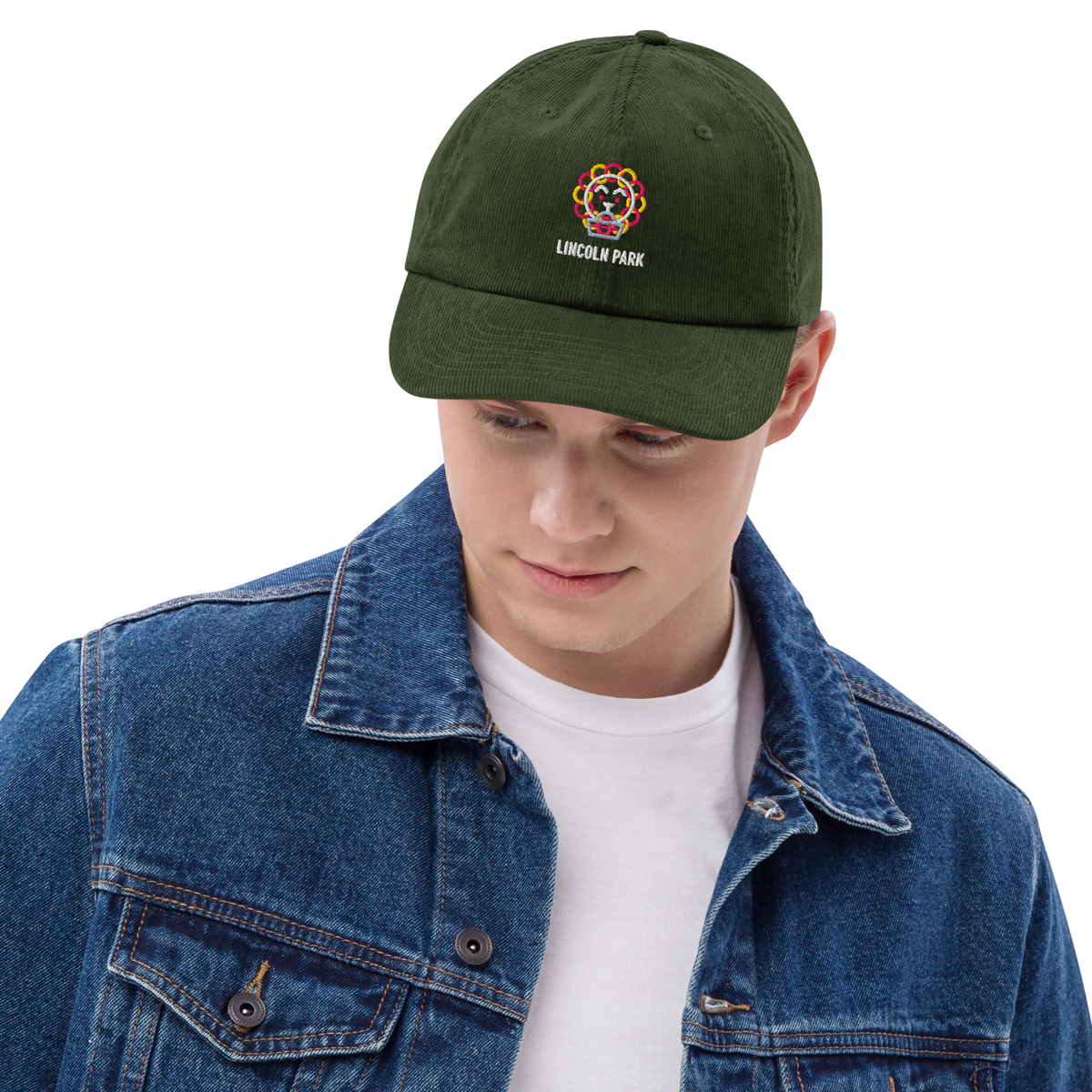 Lincoln Park corduroy cap in Dark Olive, front view - Chicago Neighborhood Series