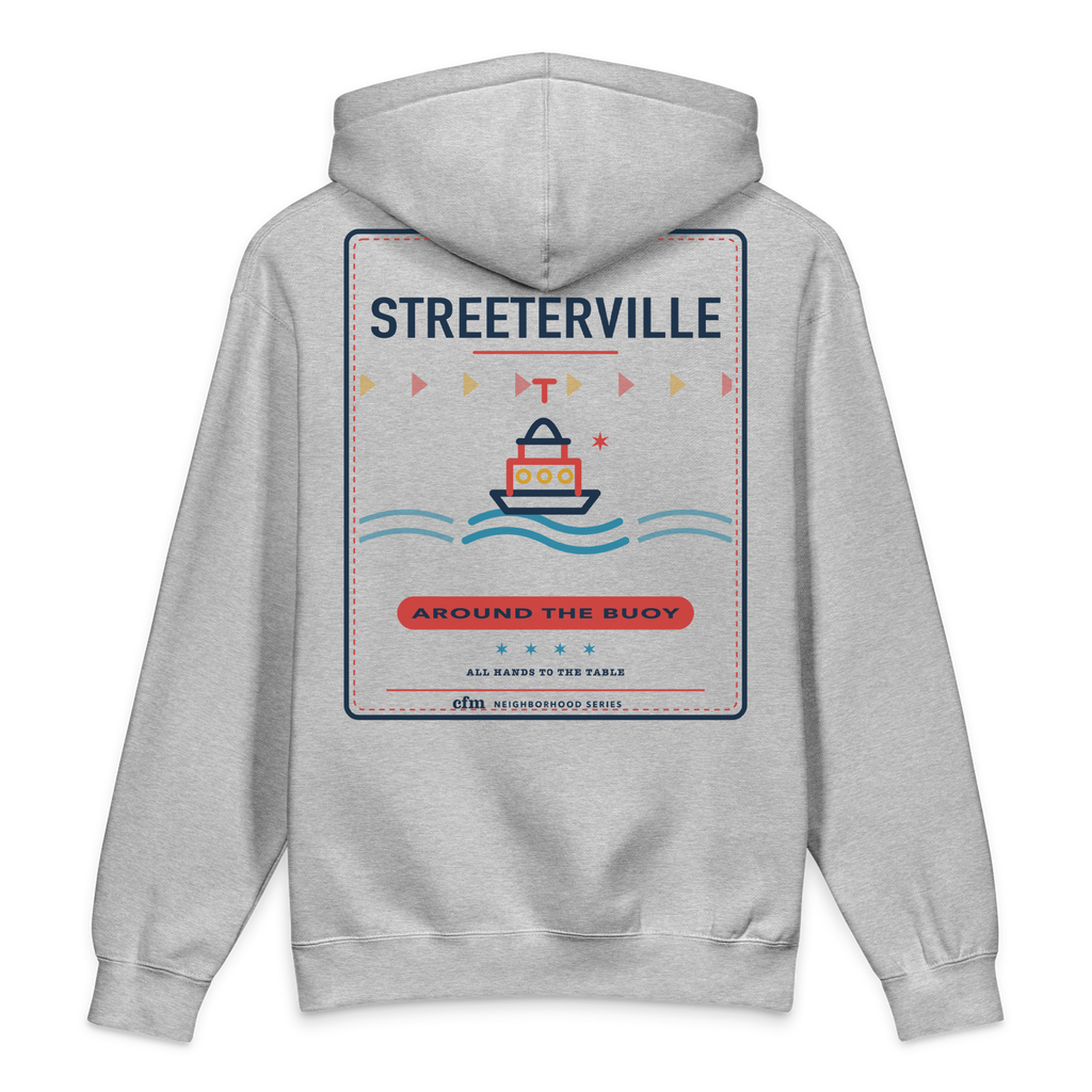 Streeterville heavyweight hoodie in Grey Heather, back view - Chicago Neighborhood Series