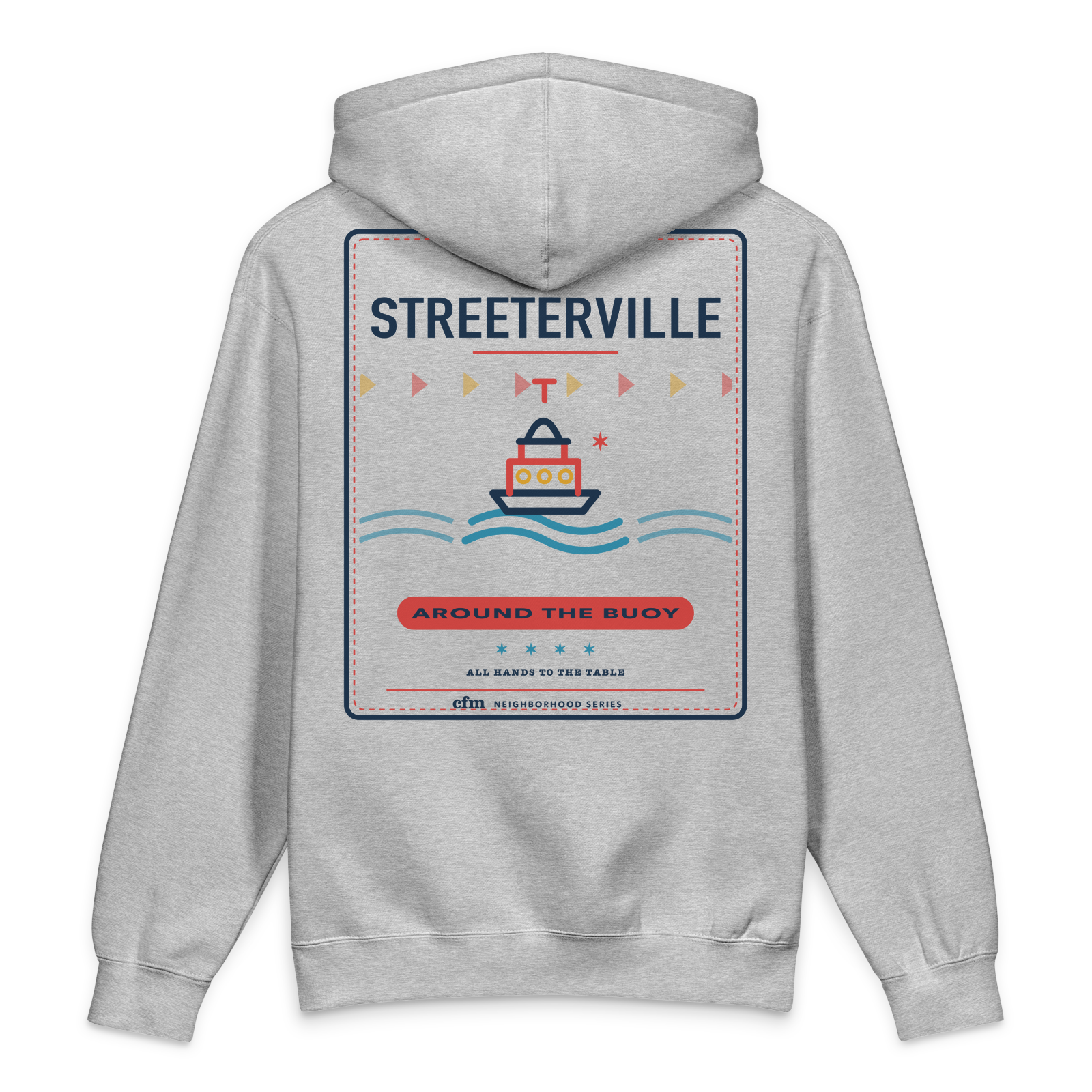 Streeterville heavyweight hoodie in Grey Heather, back view - Chicago Neighborhood Series