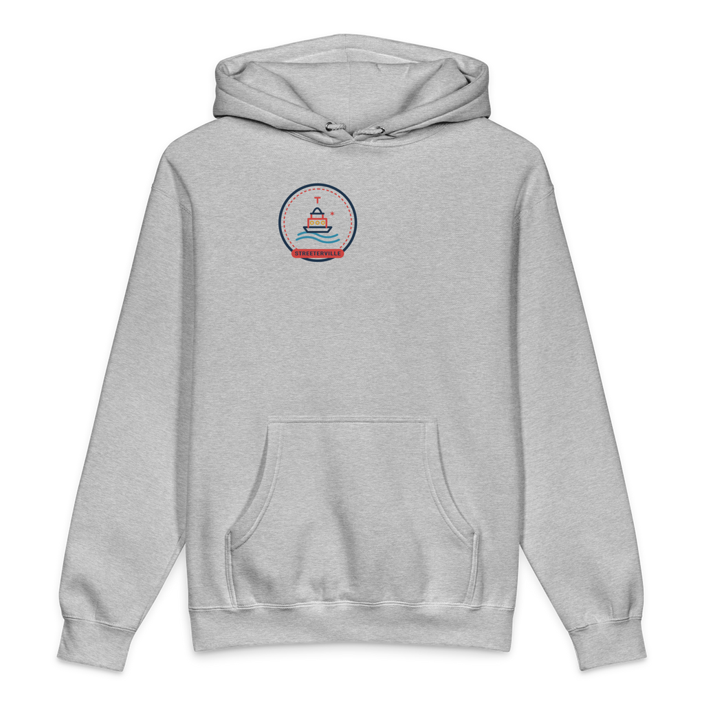 Streeterville heavyweight hoodie in Grey Heather, front view - Chicago Neighborhood Series