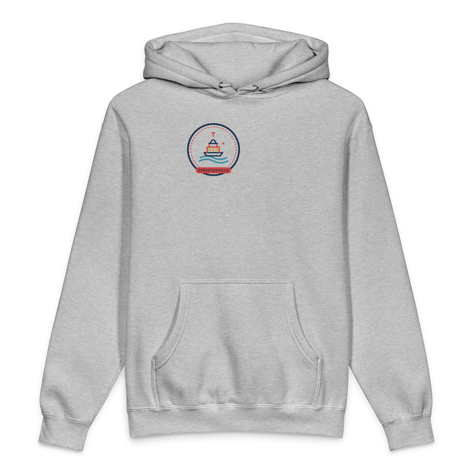 Streeterville heavyweight hoodie in Grey Heather, front view - Chicago Neighborhood Series