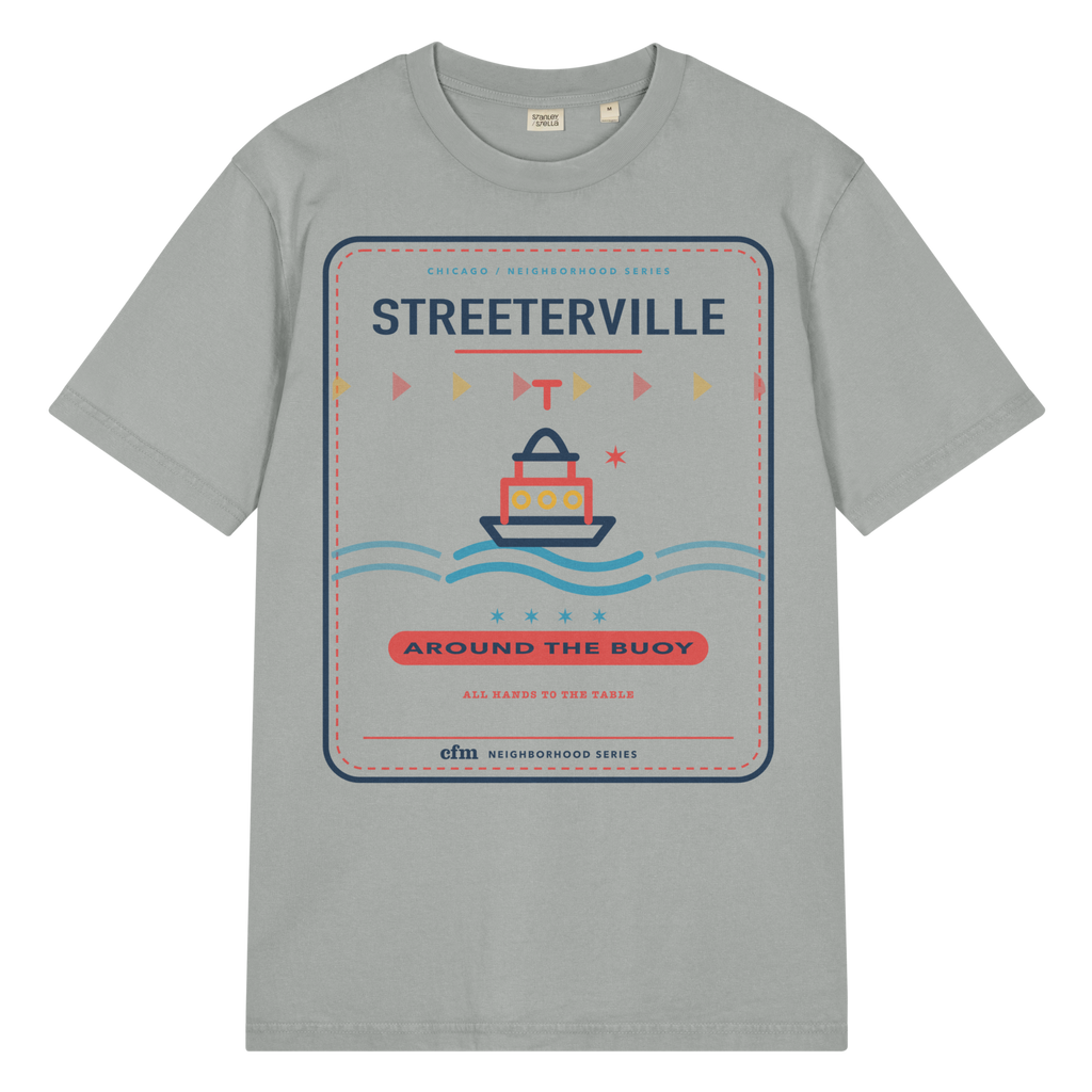 Streeterville garment-dyed t-shirt in G. Dyed Misty Grey, front view - Chicago Neighborhood Series
