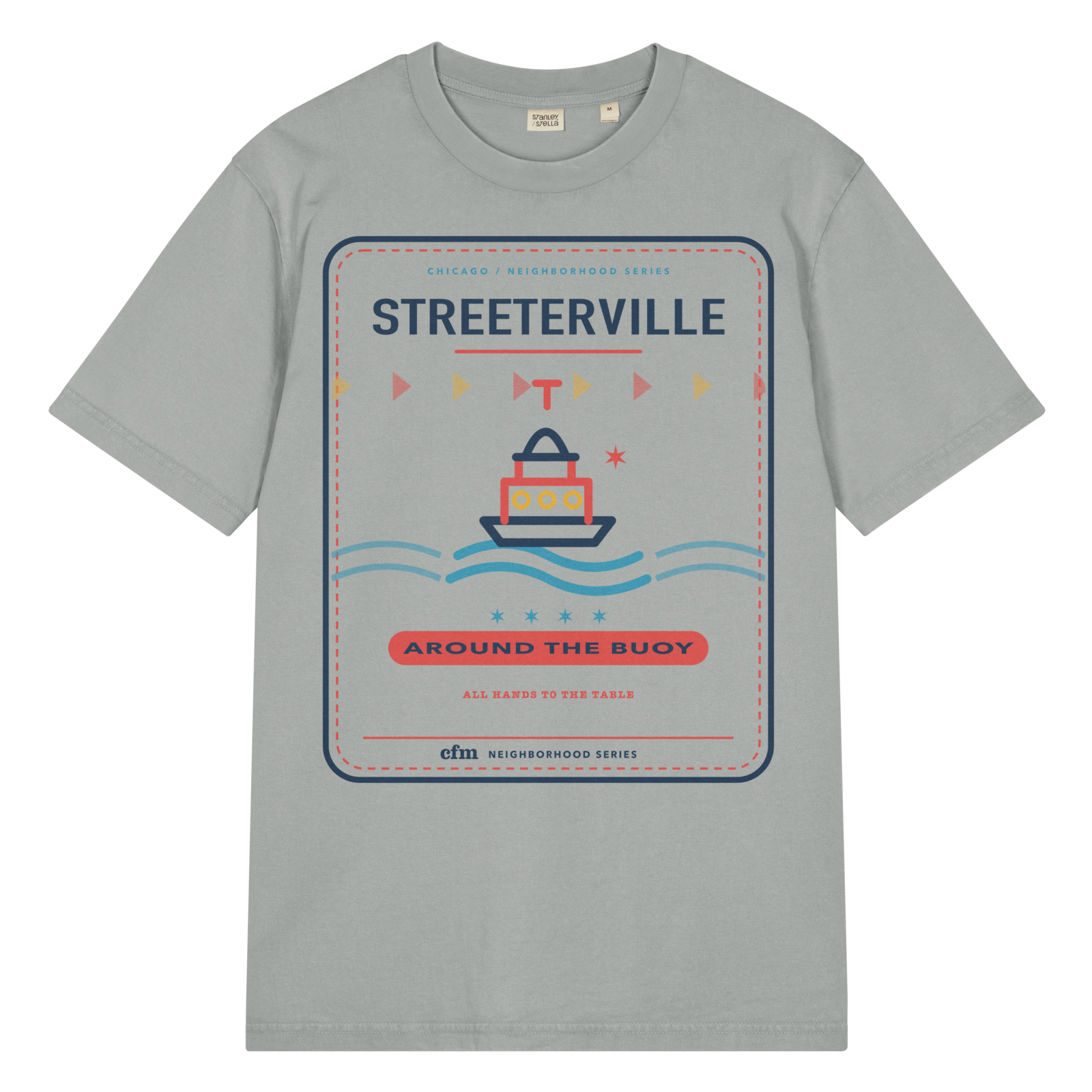 Streeterville garment-dyed t-shirt in G. Dyed Misty Grey, front view - Chicago Neighborhood Series