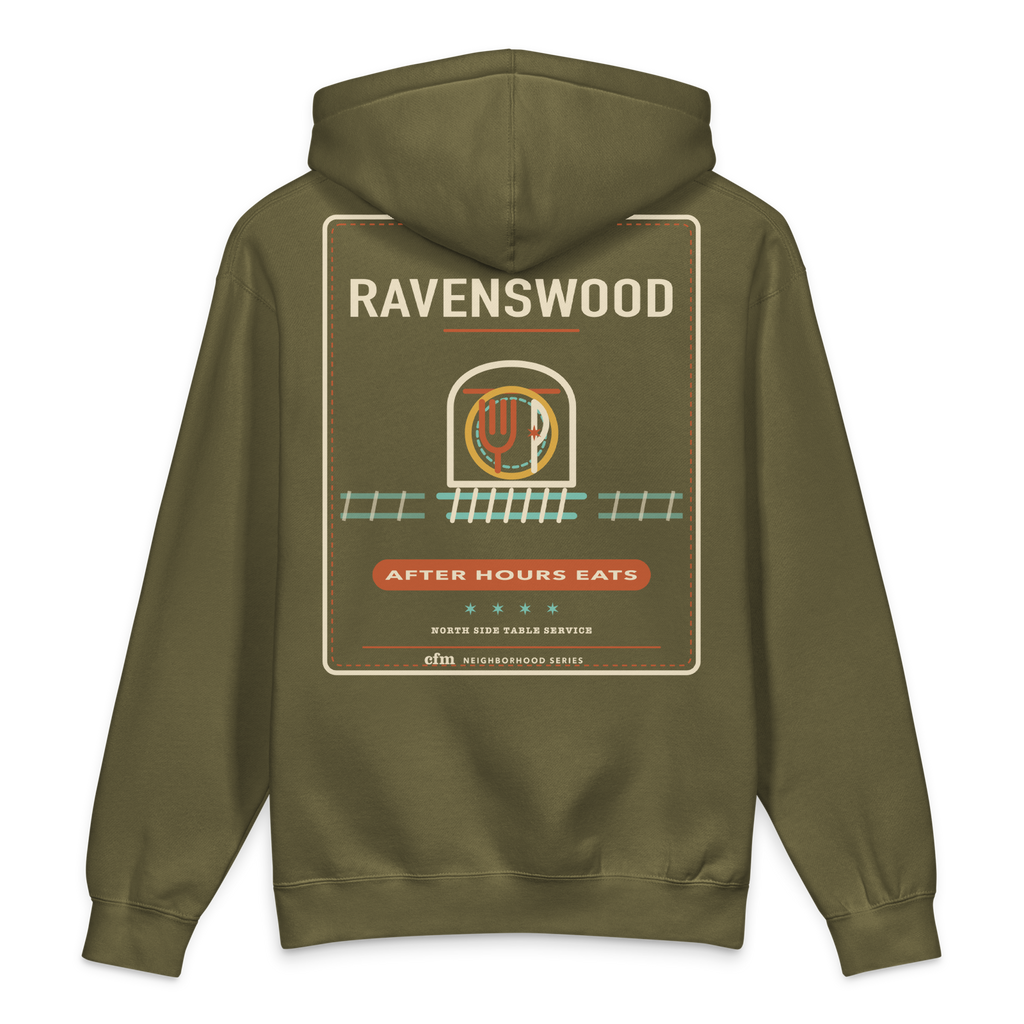 Ravenswood heavyweight hoodie in Army, back view - Chicago Neighborhood Series