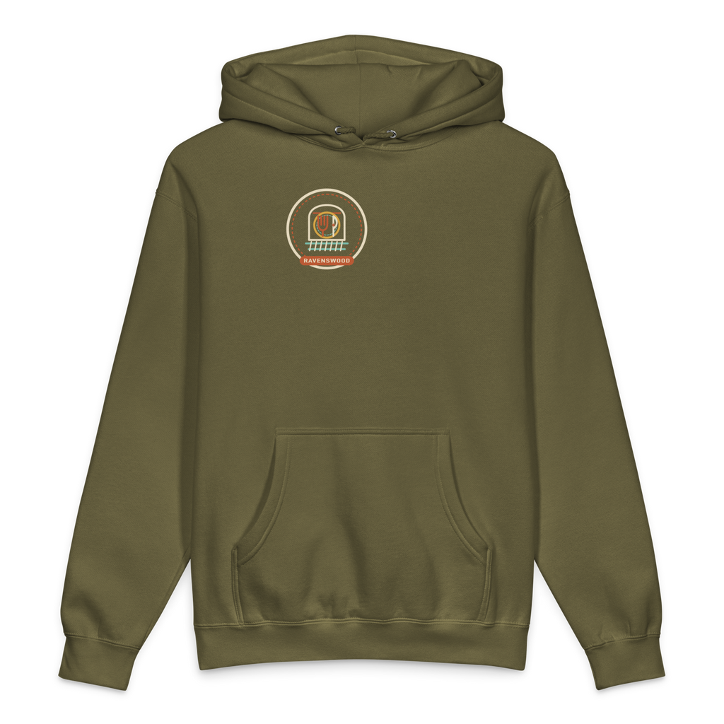 Ravenswood heavyweight hoodie in Army, front view - Chicago Neighborhood Series