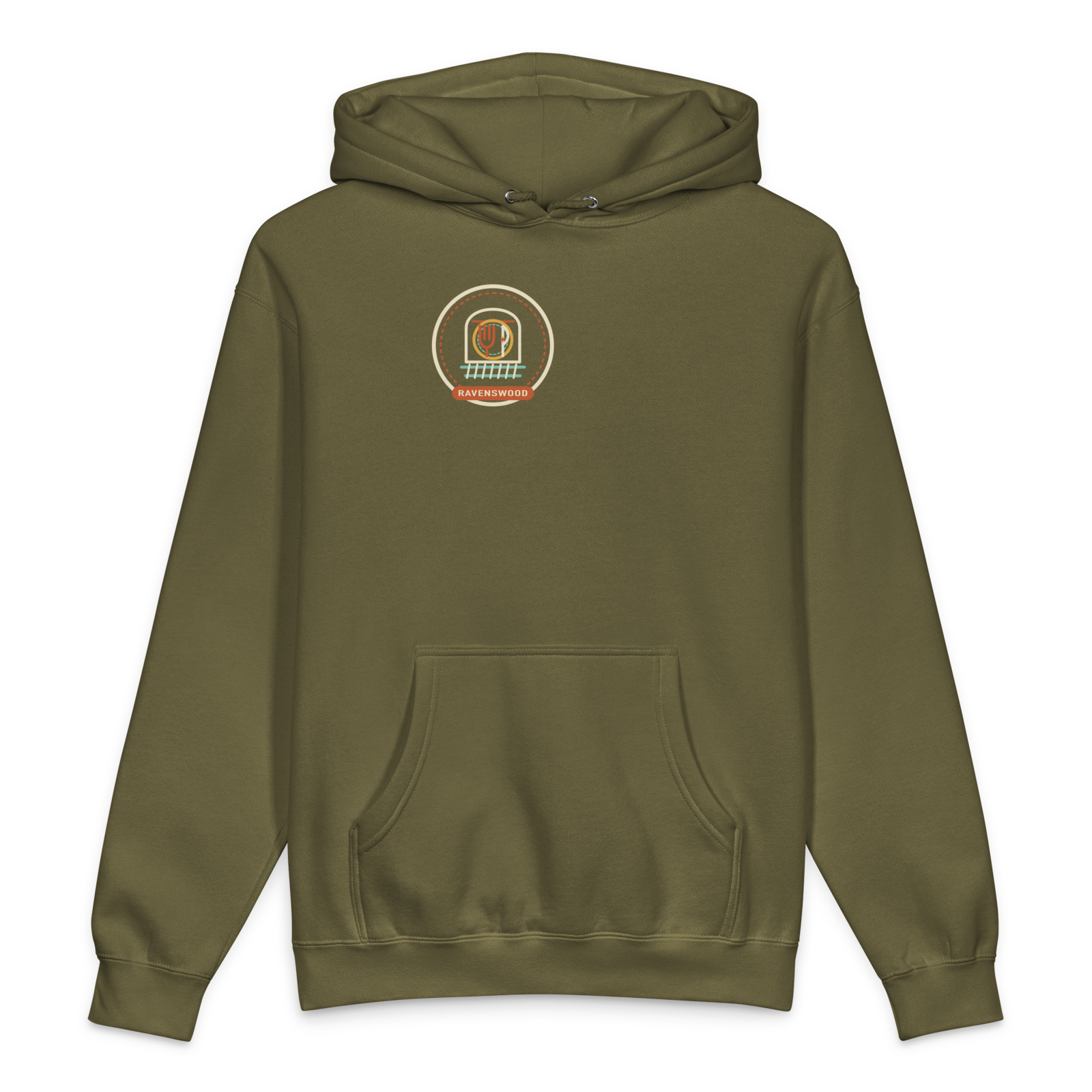 Ravenswood heavyweight hoodie in Army, front view - Chicago Neighborhood Series