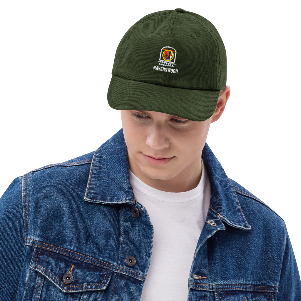 Ravenswood corduroy cap in Dark Olive, front view - Chicago Neighborhood Series