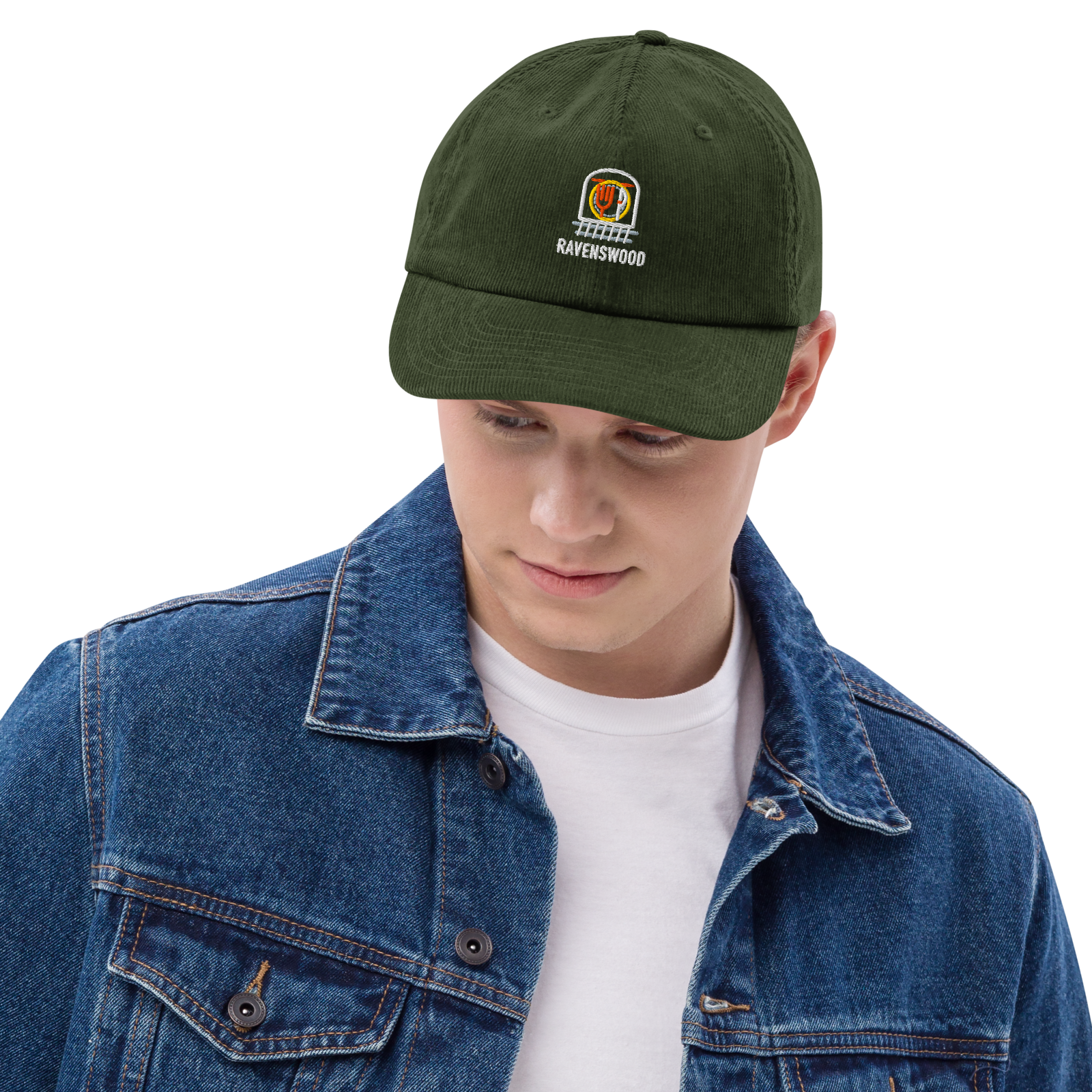 Ravenswood corduroy cap in Dark Olive, front view - Chicago Neighborhood Series